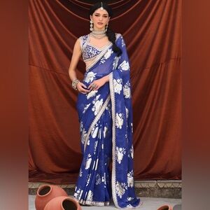 Elegant Blue and White Floral Saree